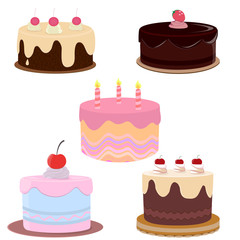 Set of colorful birthday cakes.Cakes icons collection. Different types of beautiful modern cakes, such as chocolate cake, Napoleon cake, tiramisu and cheesecake. Isolated on white.