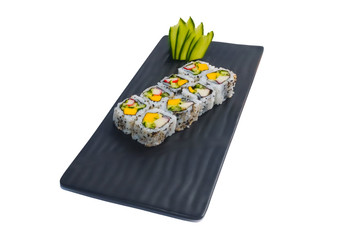 Sushi roll with prawn, mango, cucumber. California Sushi.