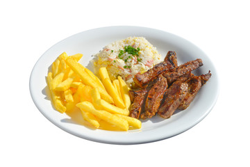 Sliced steak with rice and fries sides
