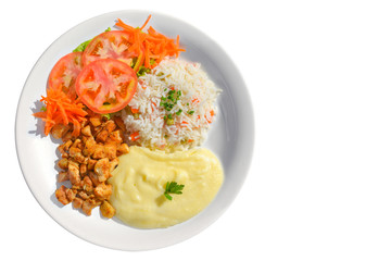 Chicken garnished with rice, mashed potatos and salad