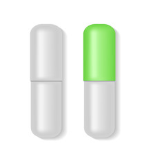 3d realistic white and green medical pill or capsule on isolated background. Two medical capsule pill in mockup style. Medical and healthcare concept.Pill for medicine. vector illustration