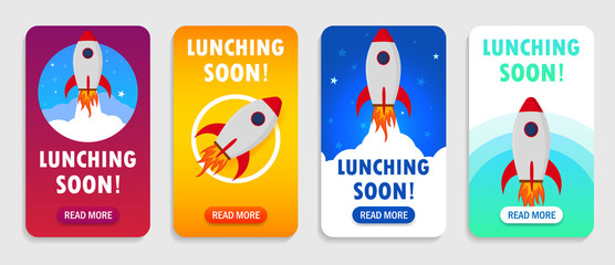 Launch rocket with launching soon interface for mobile app, smart phones. Startup rocket banner with launching soon.Shuttle in space for page of mobile app. vector