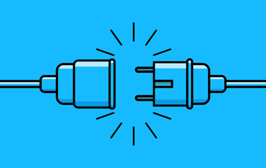 Electric plug and socket disconnect. Concept of 404 error connection. Electric plug and outlet socket unplugged flat icon for page.Circuit of plug connect off.Wire, cable of energy disconnect. vector