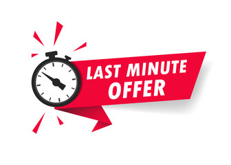 Fototapeta na wymiar Red last minute offer with clock for promotion, banner, price. Label countdown of time for offer sale.Alarm clock with last minute offer of chance on isolated background. vector