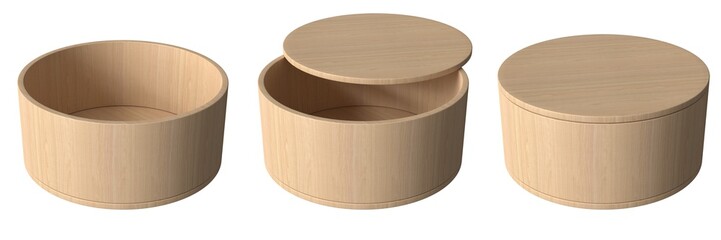 Round wooden box collection. Casket set. Mockup