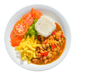 Chess chicken with rice, fries and salad sides