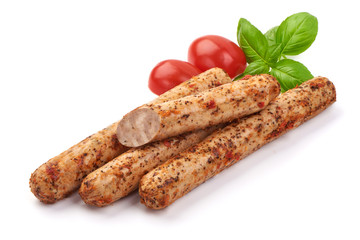 Grilled German spicy Thin Sausages, isolated on white background