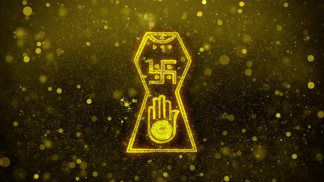Jain hand. Ahimsa Indian, jainisms, hindu religious Icon Golden Glitter Glowing Lights Shine Particles. Object, Shape, Web, Design, Element, symbol 4K Loop Animation.