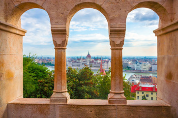 Beautiful view of Hungarian parliament from Fisherman Bastion, Budapest , Hungary