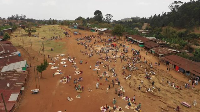 Tilting aerial footage of people doing grocery shopping at local market, fresh fruits, vegetables and other food for sale in tribal Dorze village in Ethiopia Africa