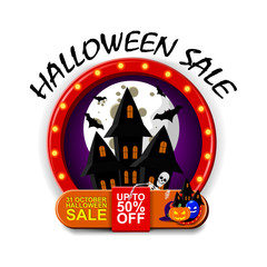 Halloween sale on white background, modern discount logo with pumpkin, skeleton, moon, and castle, vector illustration