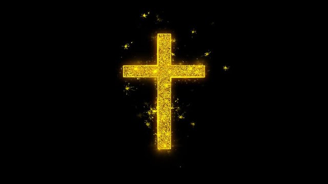 Church Cross Christianity Religion Icon Sparks Glitter Particles on Black Background. Shape, Design, Text, Element, Symbol Alpha Channel 4K Loop.