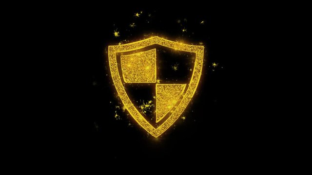 Defence, guard, protect, safety, shield Icon Sparks Glitter Particles on Black Background. Shape, Design, Text, Element, Symbol Alpha Channel 4K Loop.