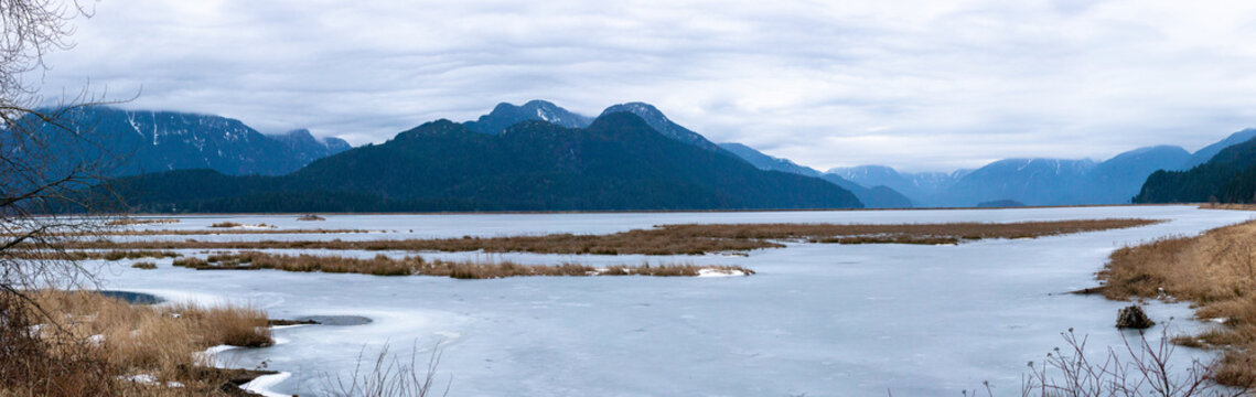 Mountain landscape view from Grant Narrows, Pitt Meadows, British Columbia, Canada