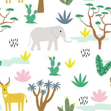 Seamless pattern with animals africa, antelope, elephant and tropical landscape. Creative cute children's texture. Great for fabric, textile, walpaper. Vector Illustration.