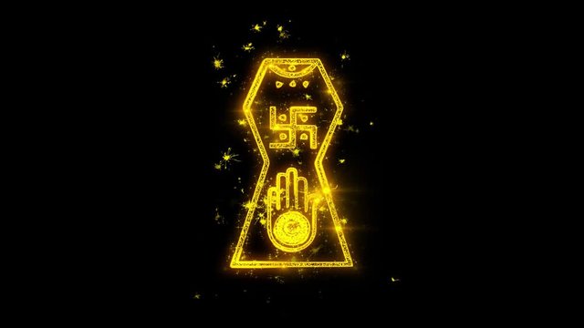 Jain hand. Ahimsa Indian, jainisms, hindu religious Icon Sparks Glitter Particles on Black Background. Shape, Design, Text, Element, Symbol Alpha Channel 4K Loop.