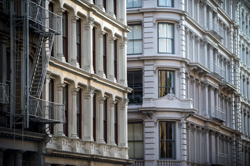 Architectural detail view of traditional cast iron buildings in the Soho Cast Iron Historic...