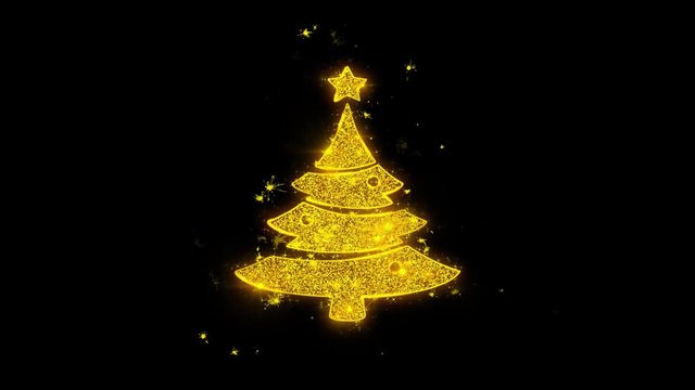 Christmas Tree Star Icon Sparks Glitter Particles on Black Background. Shape, Design, Text, Element, Symbol Alpha Channel 4K Loop.