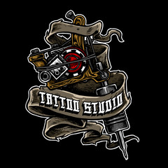 tattoo machine with vintage ribbon illustration