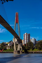 Sky-train bridge linking Surrey and New Westminster over the Fraser River, city on the opposite bank, blue sky with white clouds on a background 