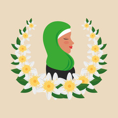 profile of islamic woman with traditional burka in floral wreath