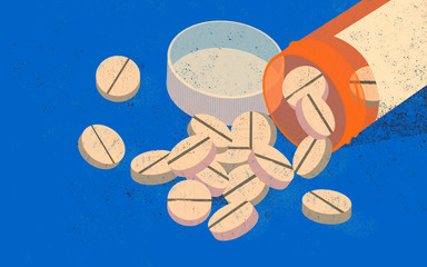 The opioid epidemic. American people deadly addiction. Orange opioid pill bottle. - 286948909