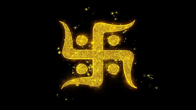 Hindu, holy, indian, religion, swastika, swastika Icon Sparks Glitter Particles on Black Background. Shape, Design, Text, Element Symbol Alpha Channel 4K Loop