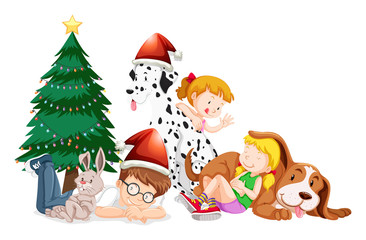 Happy children and christmas tree on white background