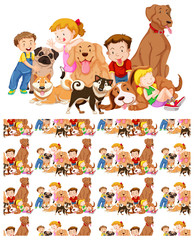 Seamless background design with kids and many dogs