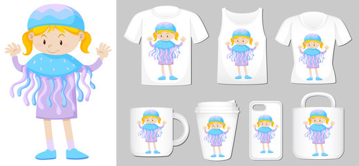 Fototapeta na wymiar Graphic of girl in jellyfish costume on different product templates