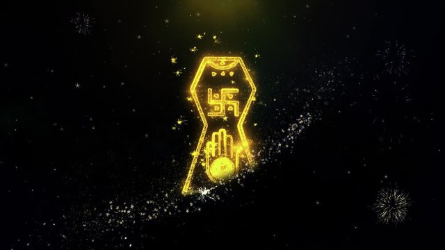 Jain hand. Ahimsa Indian, jainisms, hindu religious Icon on Gold Glitter Particles Spark Exploding Fireworks Display . Object, Shape, Text, Design, Element, Symbol 4K Animation.
