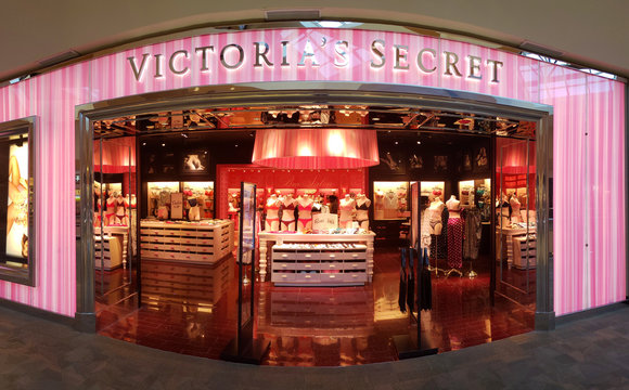ROCKAWAY, NEW JERSEY - SEPTEMBER 13, 2018: Panoramic view of a Victoria's Secret store front. Victoria's Secret is now the largest American retailer of women's lingerie