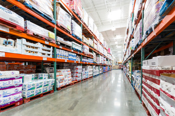 CHRISTIANA, DELAWARE, USA - SEPTEMBER 06, 2104: Ailse in a Costco store with napkins, towels and other paper products. Costco Wholesale Corporation, a membership only warehouse club, is the second lar