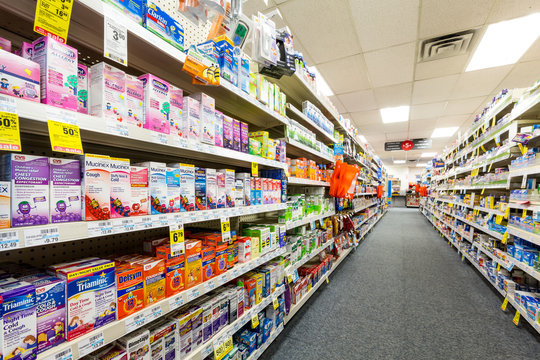 CHATHAM, NJ, UNITED STATES - JULY 31, 2014: Aisle in a CVS pharmacy.  CVS is the second largest pharmacy chain in the United States with more than 7,600 stores and ranked as the 13th largest company i