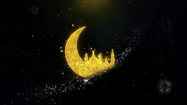 Islamic mosque Moon ramadan Icon on Gold Glitter Particles Spark Exploding Fireworks Display . Object, Shape, Text, Design, Element, Symbol 4K Animation.