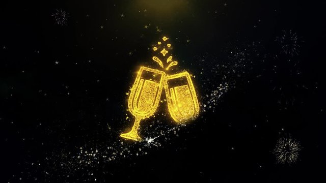 Cheers Celebration Toast Two Glasses Champagne Icon on Gold Glitter Particles Spark Exploding Fireworks Display . Object, Shape, Text, Design, Element, Symbol 4K Animation.