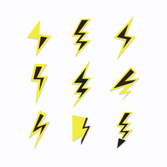 Black and yellow thunder sign and lightning bolt icons set on white background