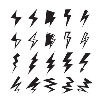 Black silhouette thunder and lightning bolt icons set on white background