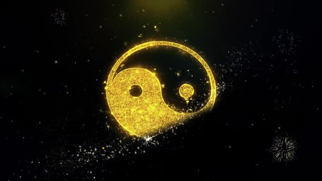 Yin Yang Taoism buddhism daoism religion Icon on Gold Glitter Particles Spark Exploding Fireworks Display . Object, Shape, Text, Design, Element, Symbol 4K Animation.