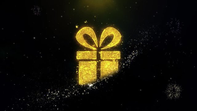 Ribbon Gift Box Present Icon on Gold Glitter Particles Spark Exploding Fireworks Display . Object, Shape, Text, Design, Element, Symbol 4K Animation.
