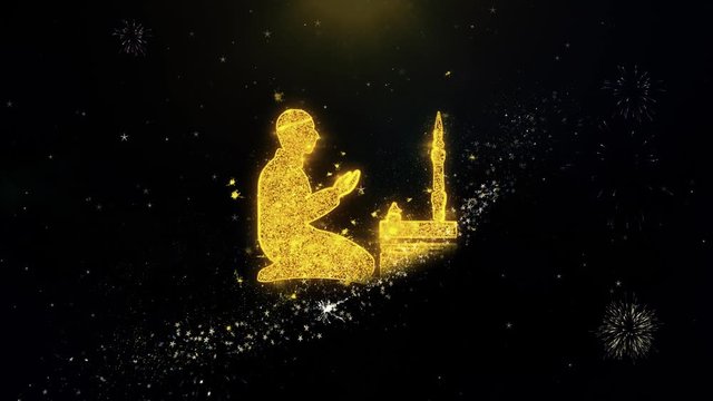 Islamic, pray, prayer, ramadan, religion Icon on Gold Glitter Particles Spark Exploding Fireworks Display . Object, Shape, Text, Design, Element Symbol 4K Animation