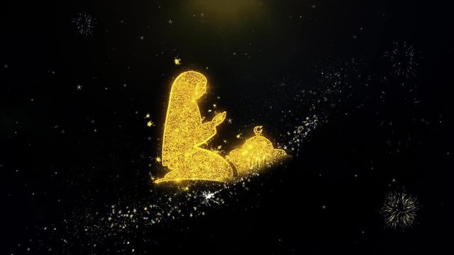 Dua,namaz,praying,islam,islamic Icon on Gold Glitter Particles Spark Exploding Fireworks Display . Object, Shape, Text, Design, Element Symbol 4K Animation