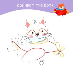 Educational game for kids. Dot to dot game for children. Cartoon cute fox.
