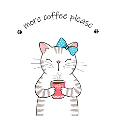 Cute cartoon cat holding a cup of coffee. Hand drawn illustration