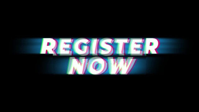 Register Now Text Glitch Effect Promotion Commercial Loop Background. Price Tag, Sale, Discounts, Deals, Special Offers, Green Screen and Alpha Matte