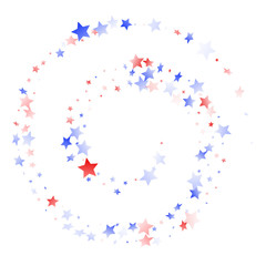 Flying red blue white star sparkles on white vector american patriotic background.