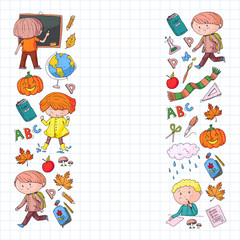 Naklejka premium Back to school vector pattern. Education icons for children.