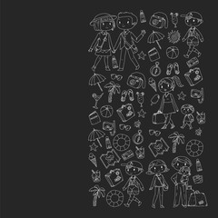 Vector pattern with travel and beach icons.