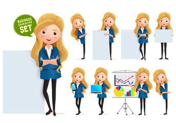 Business woman in whiteboard presentation vector character set. Businesswoman characters in presentation standing and showing sales graph in whiteboard isolated in white background.