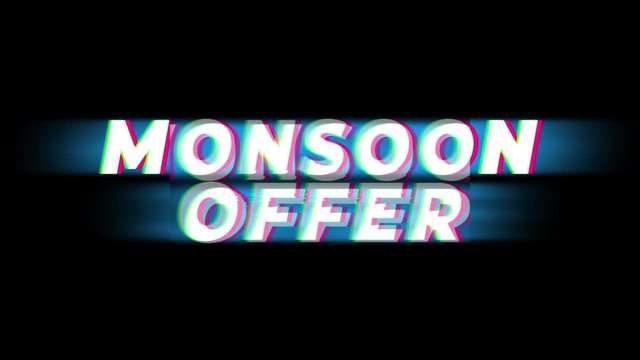 Monsoon Sale Text Vintage Glitch Effect Promotion Advertisement Loop Background. Tag, Sale, Discounts, Deals, Special Offers, Green Screen and Alpha Matte